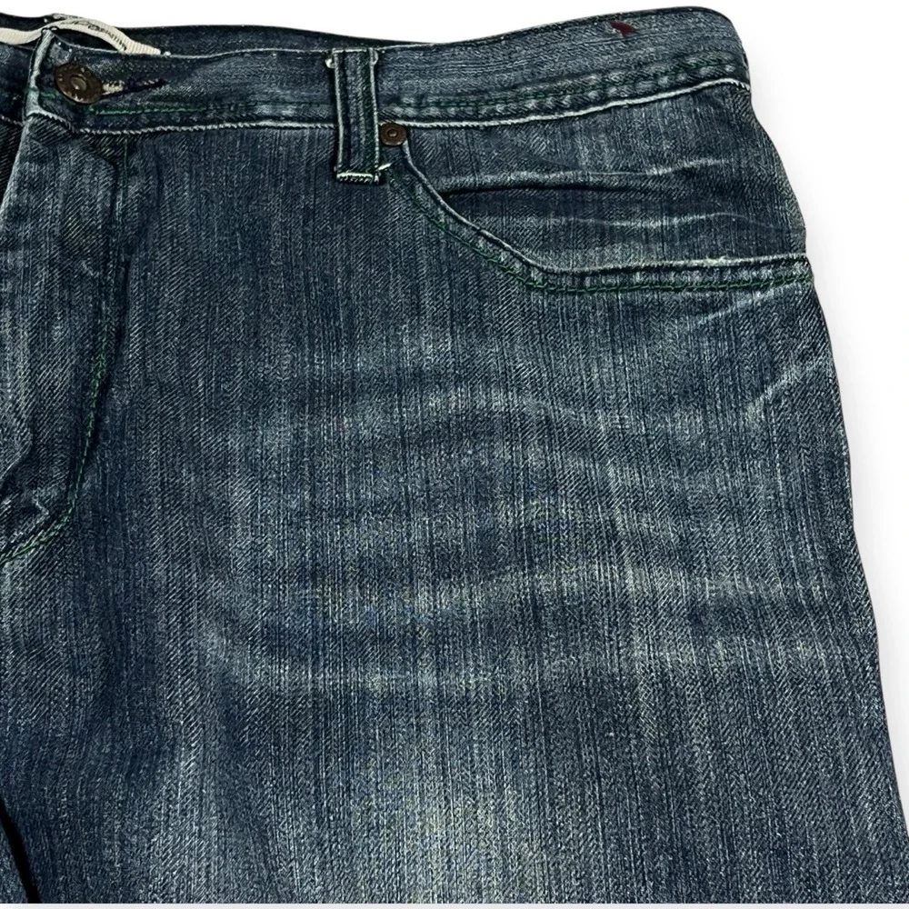 Flypaper‎ Jeans Mens 38x32 Blue Distressed Bootcut Denim Whiskered Green Thread